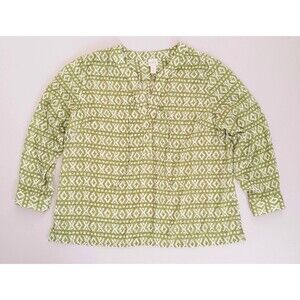 Chicos Semi Sheer Tunic Top Green White Ikat Print  3/3X
